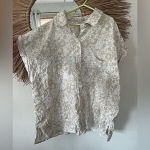 Coastal Comfort Beige Floral linen blend button down Blouse